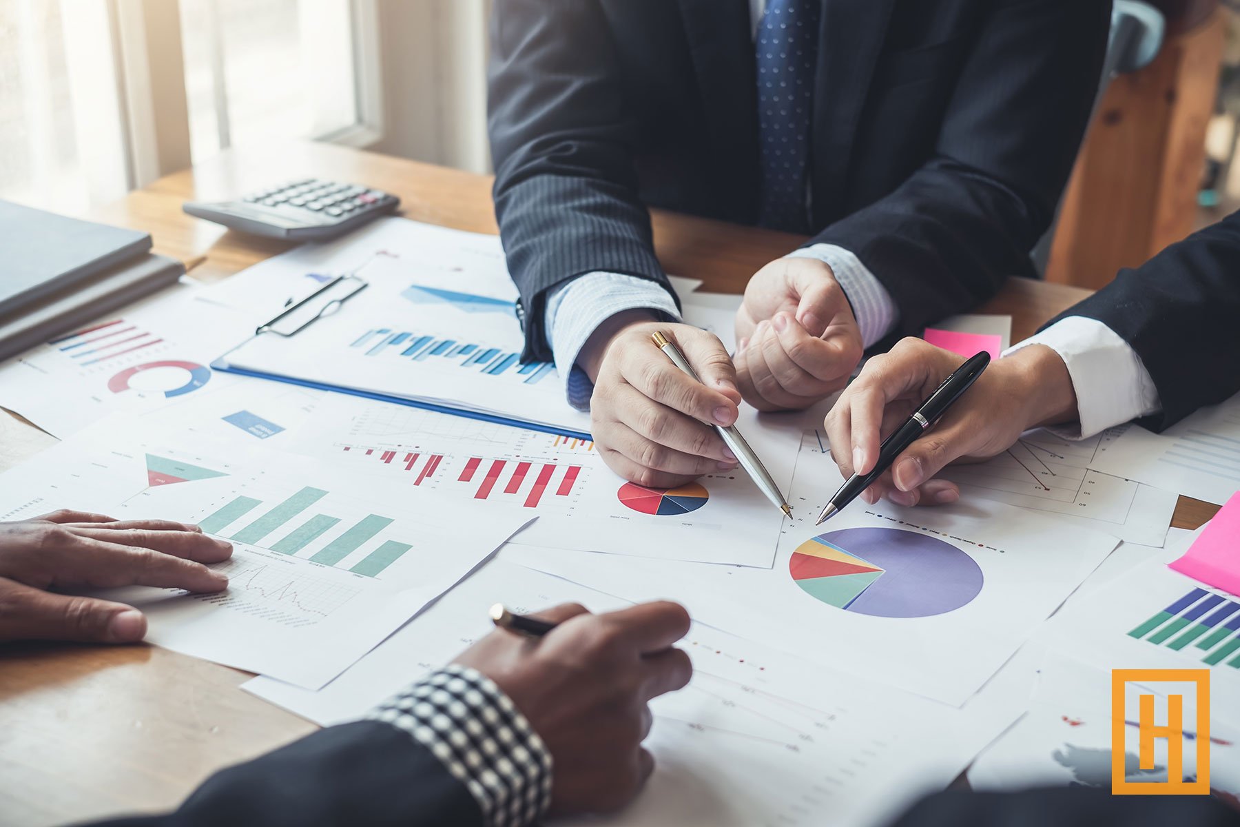 investors reviewing pie chart